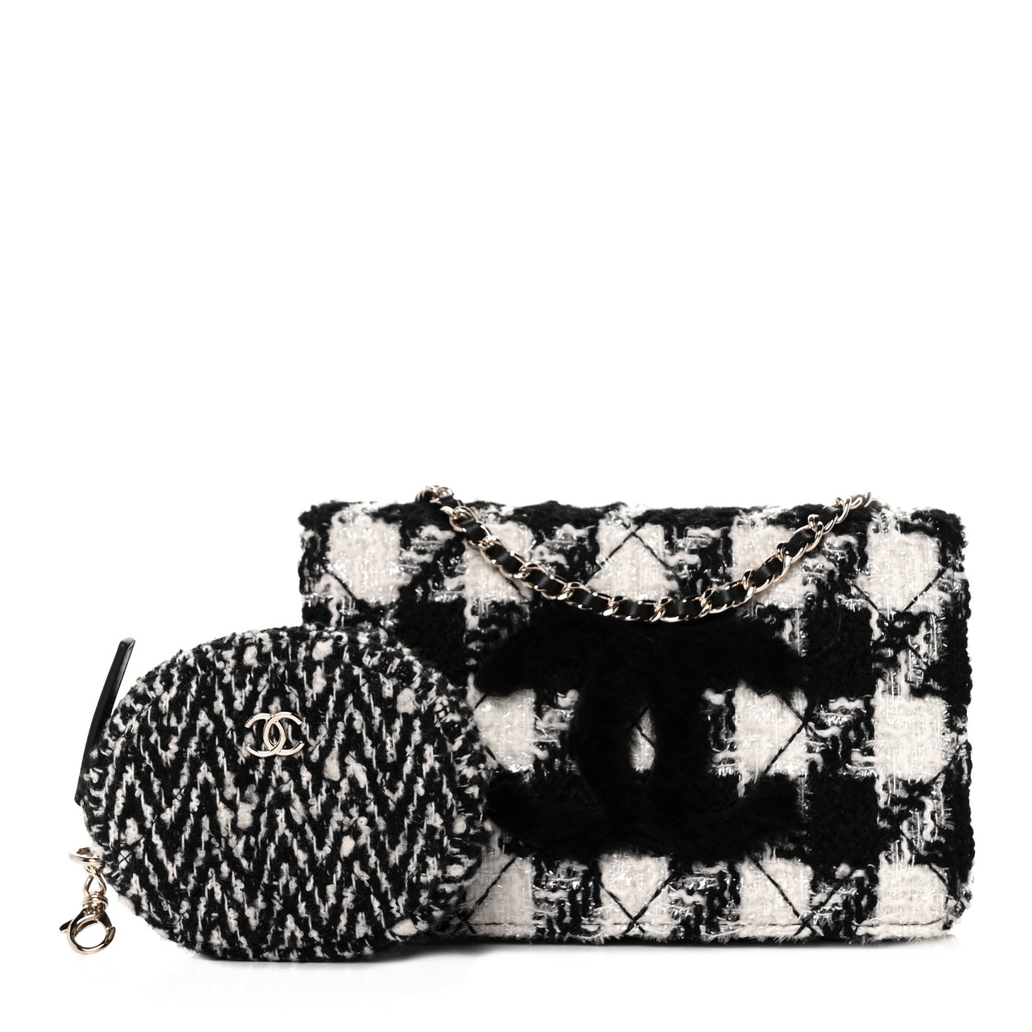 Tweed Shearling Quilted Chanel Wallet On Chain WOC and Coin Purse White Black