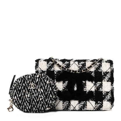 Chanel Tweed Shearling Quilted Chanel Wallet On Chain WOC and Coin Purse White Black 1 of 10