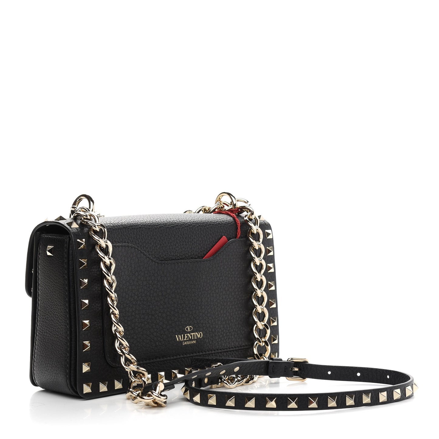 Grained Calfskin Medium Rockstud Chain Bag Black