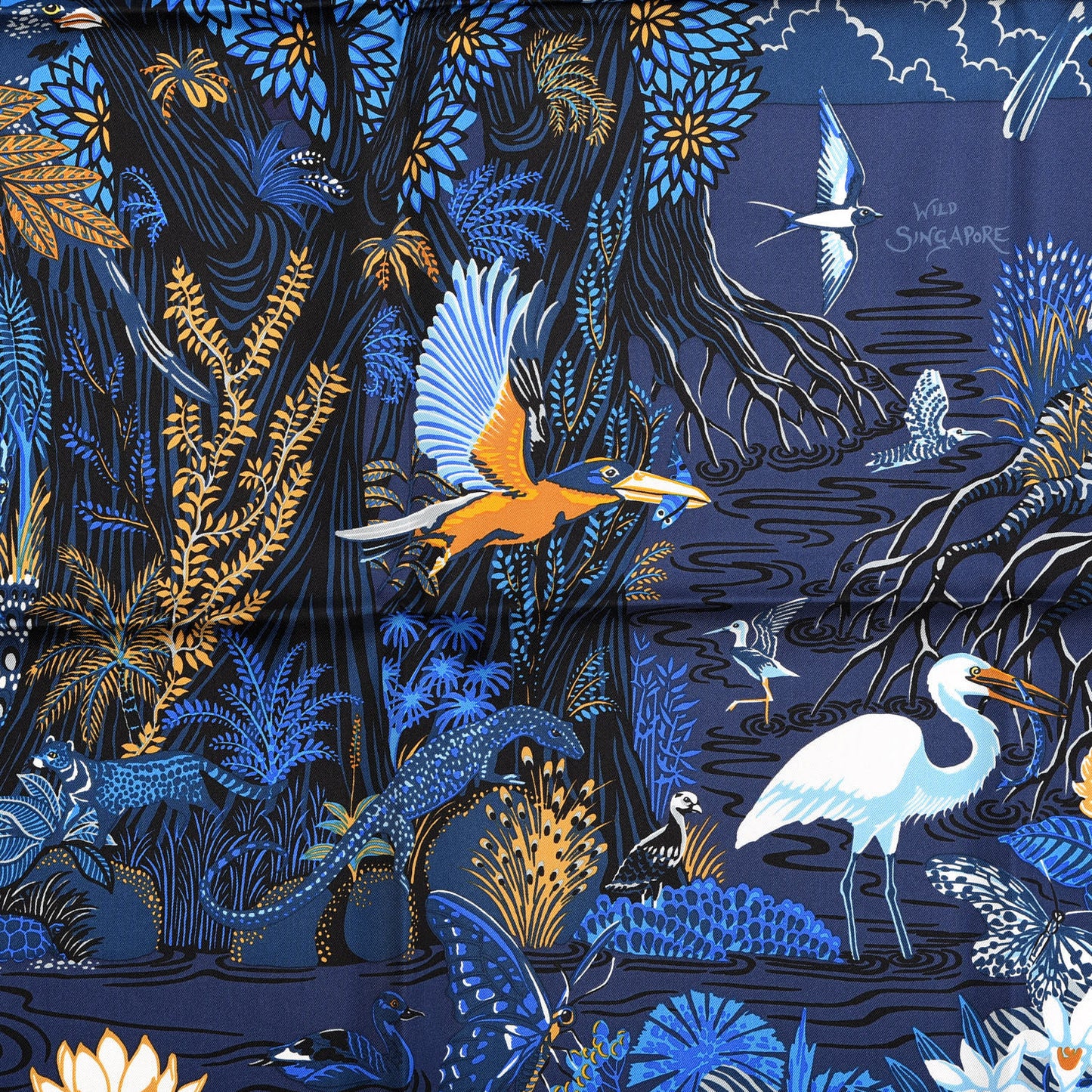 Silk Wild Singapore Scarf 90 Bleu Roy Gold Marine