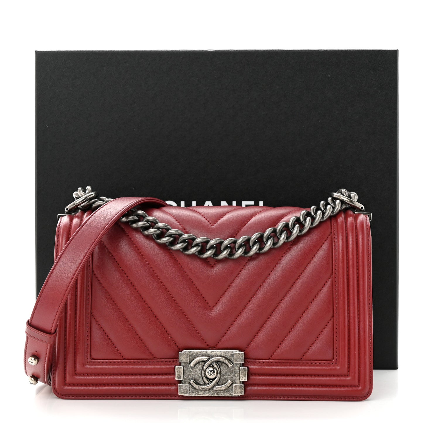 Calfskin Chevron Quilted Medium Boy Flap Dark Red