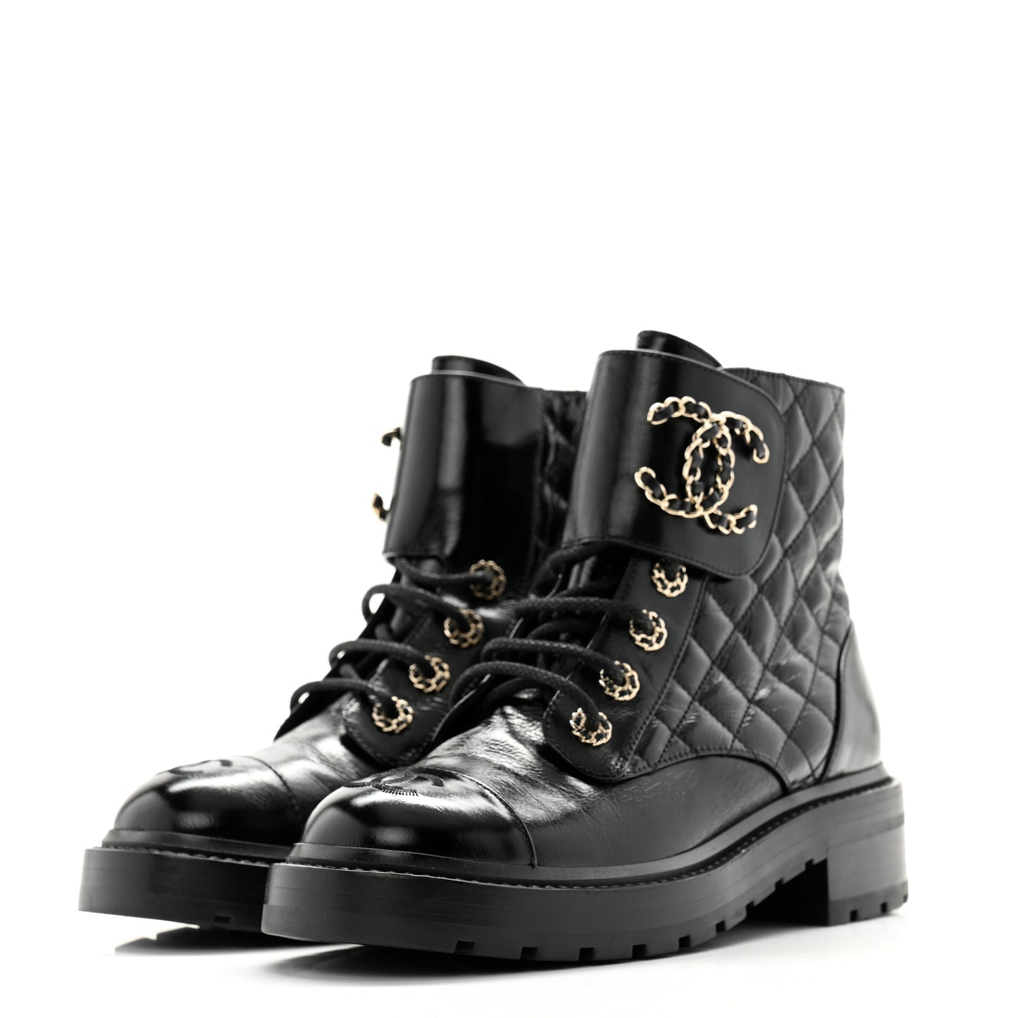 Shiny Calfskin Quilted Lace Up Combat Boots 37 Black
