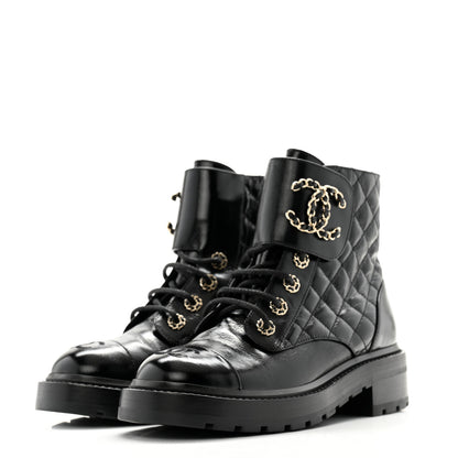 Chanel Shiny Calfskin Quilted Lace Up Combat Boots 37 Black 3 of 12