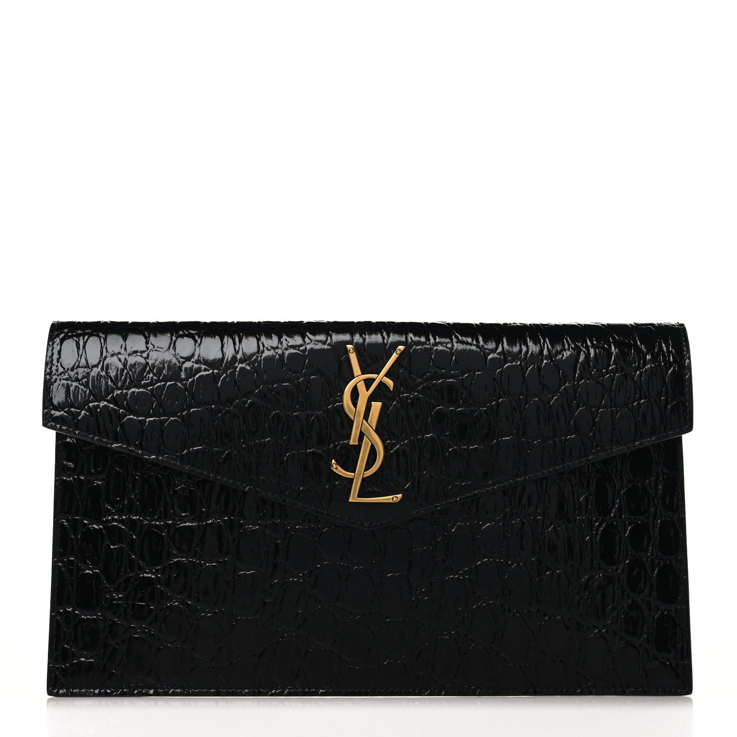 Saint Laurent Calfskin Crocodile Embossed Uptown Monogram Clutch Black 1 of 8