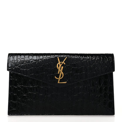 Saint Laurent Calfskin Crocodile Embossed Uptown Monogram Clutch Black 1 of 8