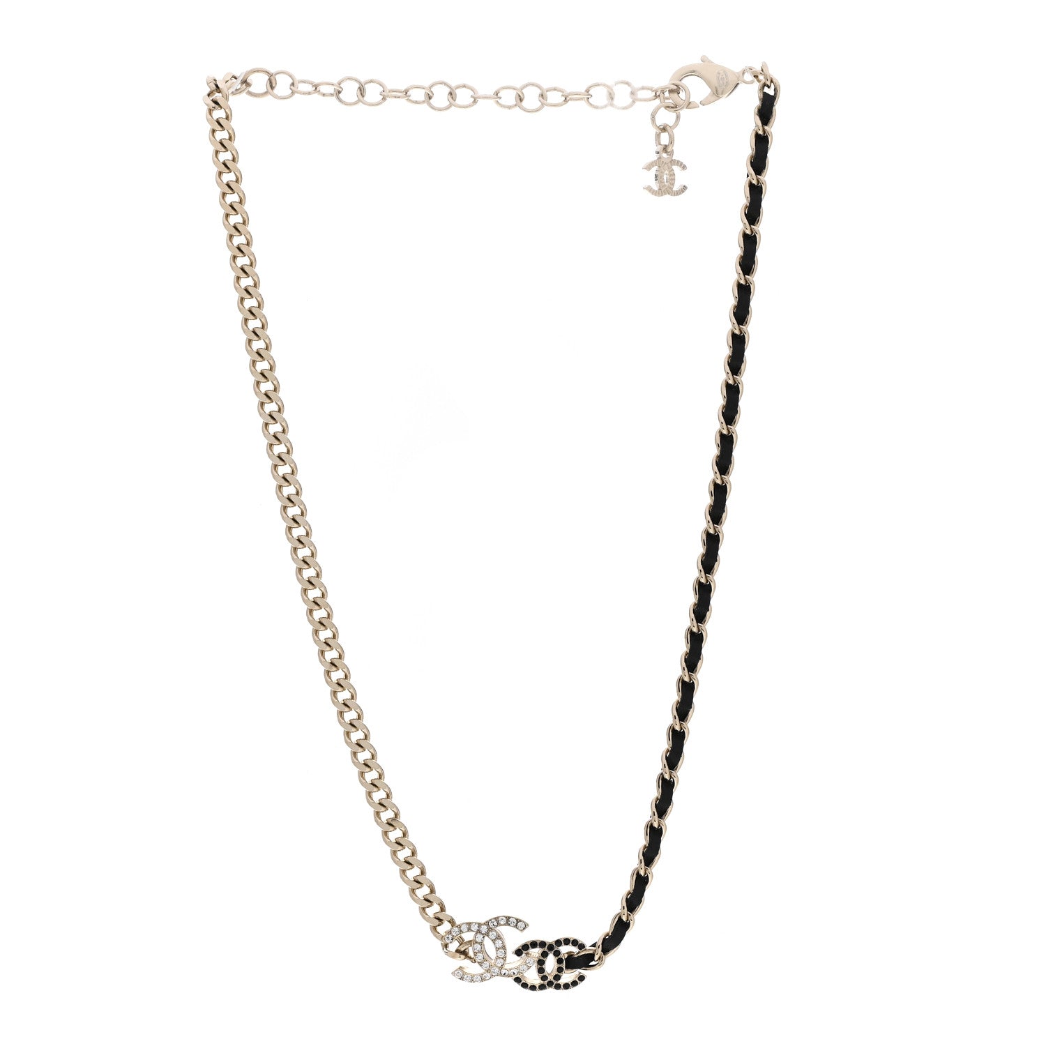 Chanel Metal Calfskin Crystal Double CC Short Necklace Black Gold 2 of 3