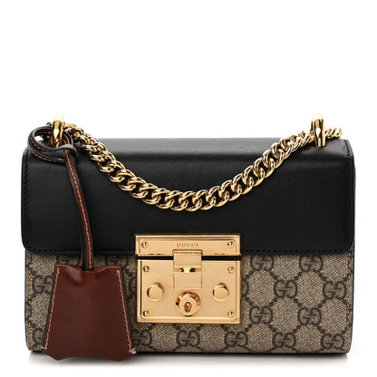 Gucci GG Supreme Monogram Calfskin Small Padlock Shoulder Bag Beige Black Cuir 1 of 12