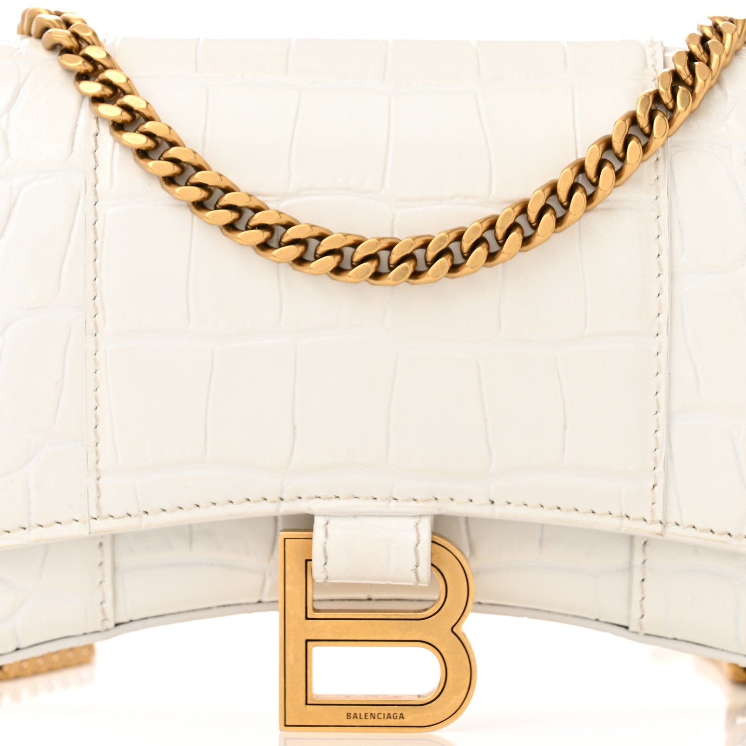 Balenciaga Shiny Calfskin Crocodile Embossed Hourglass Chain Bag White 7 of 10