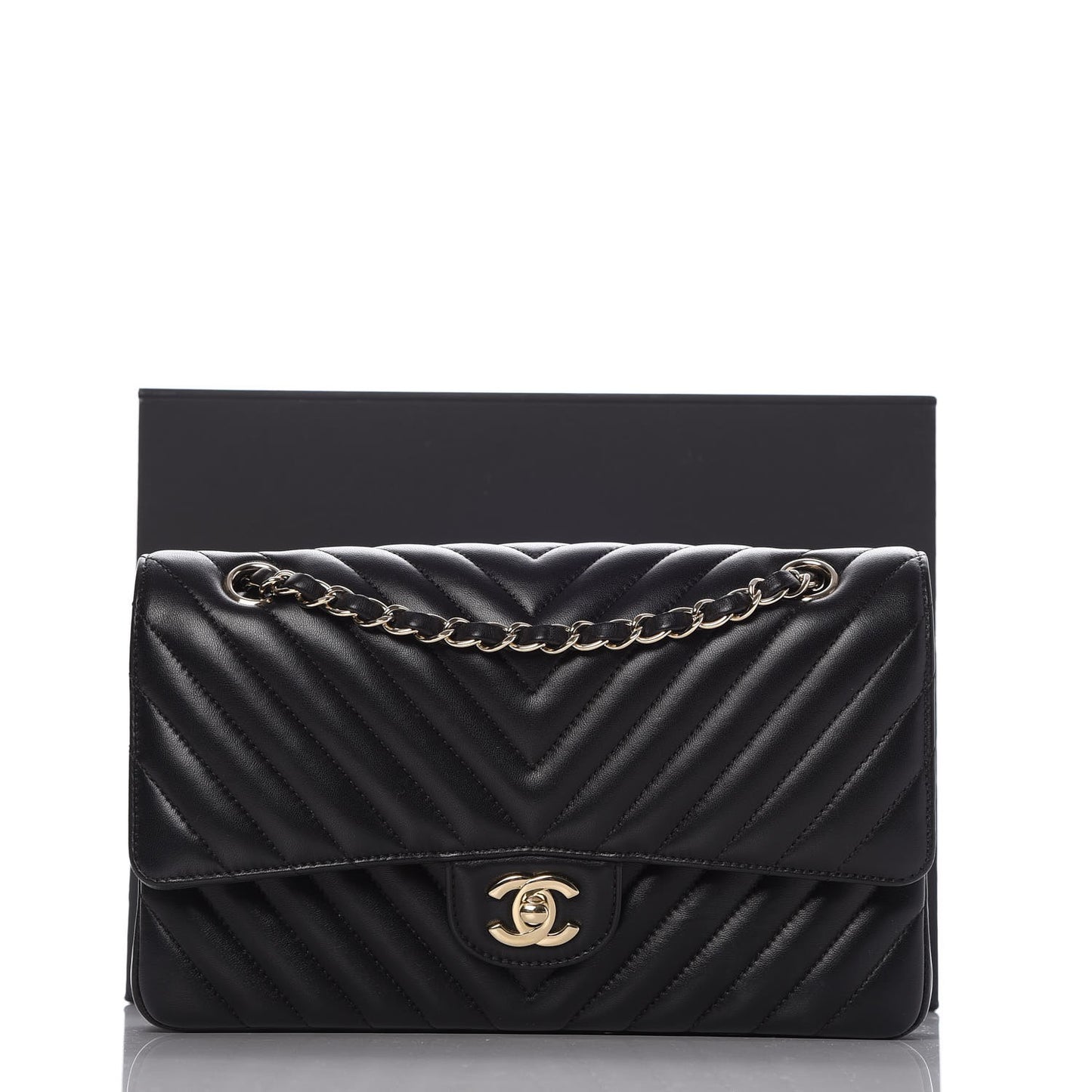 Lambskin Chevron Quilted Medium Double Flap Black