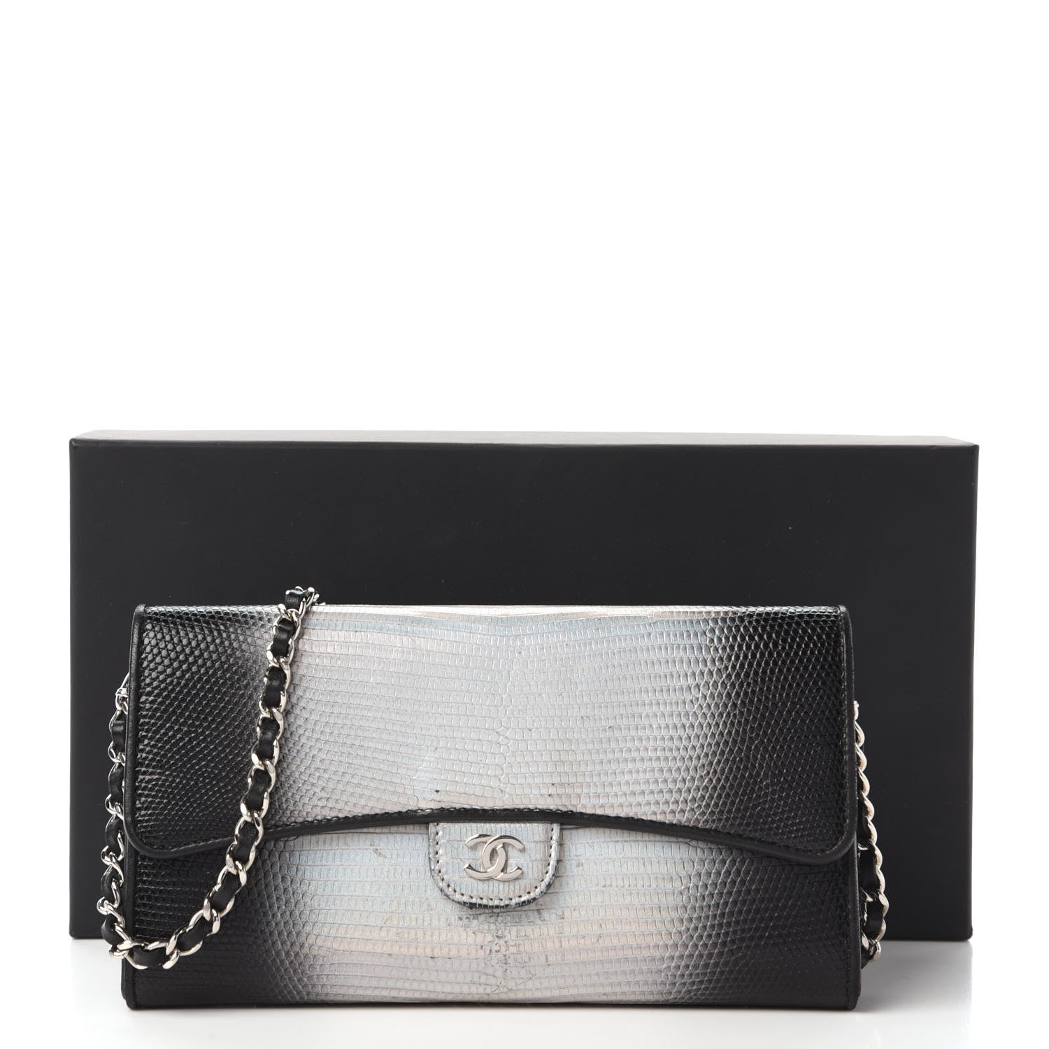 Chanel Iridescent Lizard Ombre Wallet On Chain WOC Black Silver 12 of 12