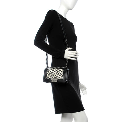 Chanel Calfskin Woven Small Boy Flap Black White 2 of 8