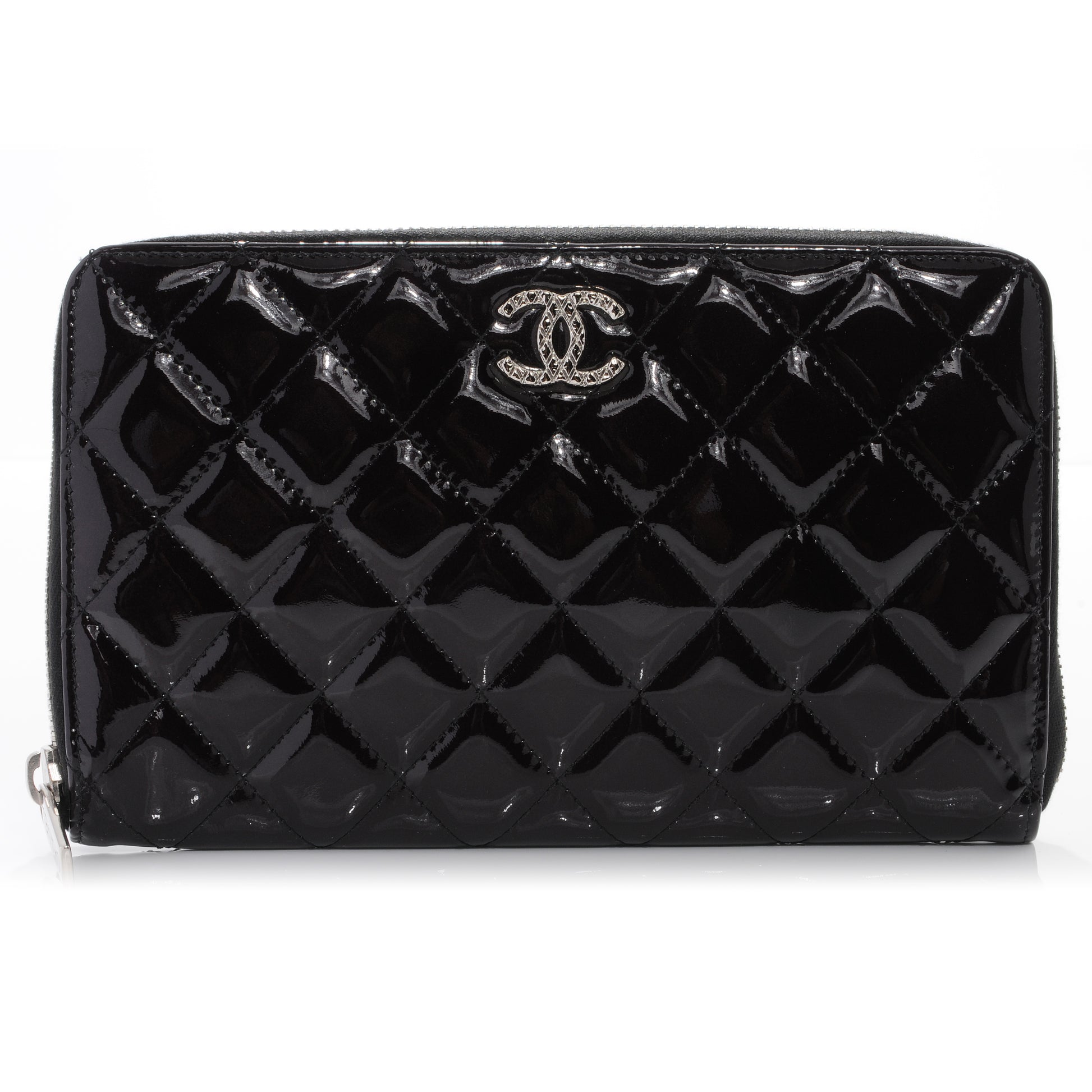 Chanel Patent Quilted Large Zip Around Wallet Black 1 of 9