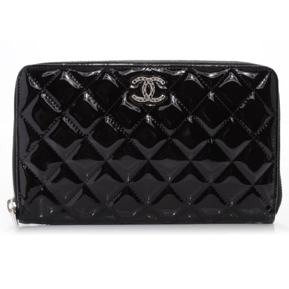 Chanel Patent Quilted Large Zip Around Wallet Black 1 of 9