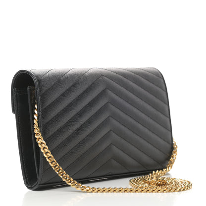Saint Laurent Grain De Poudre Matelasse Chevron Monogram Chain Wallet Black 3 of 11
