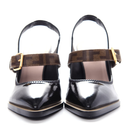 Fendi Glossy Neoprene Glazed Fabric FF FFrame Court Mary Jane Slingback Pumps 39 Black Tobacco Moro 2 of 10