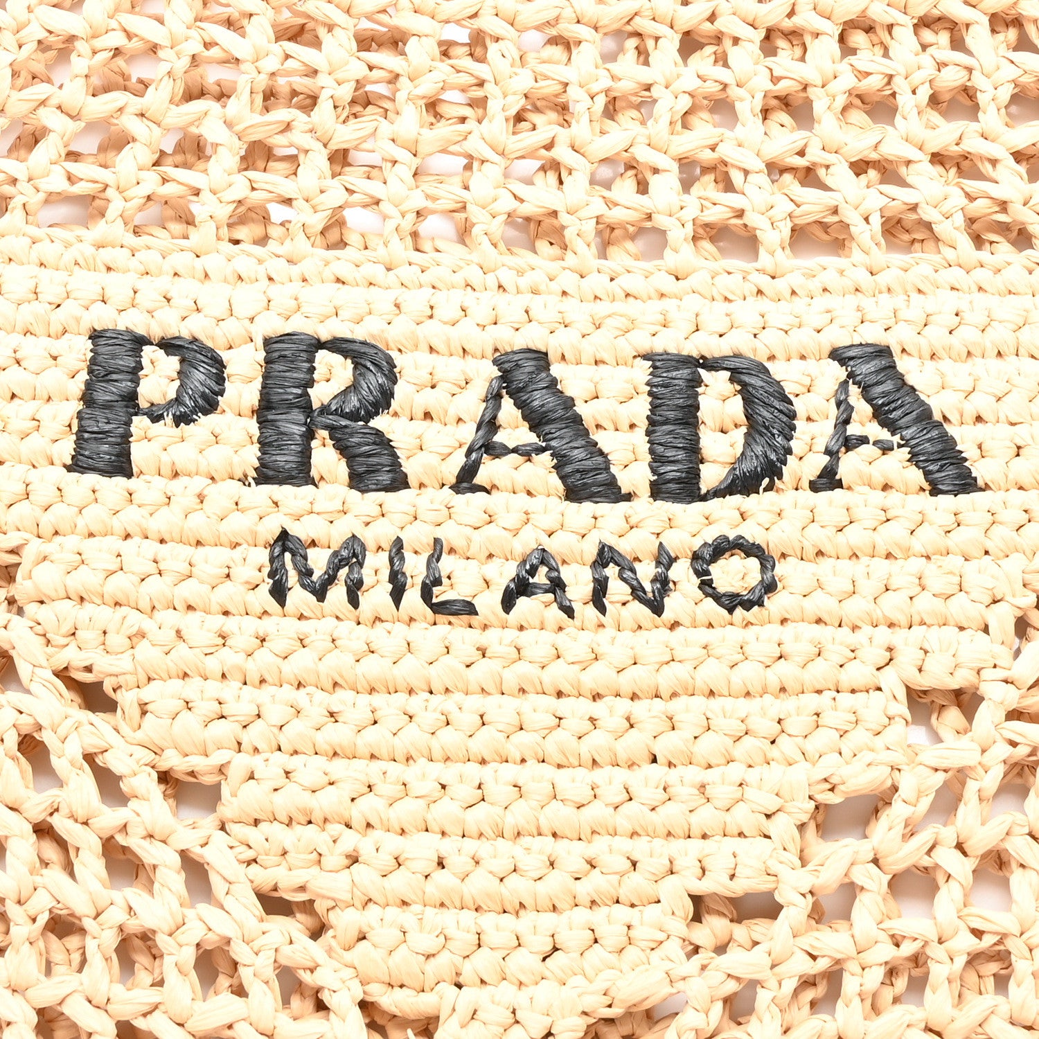 Prada Yarn Raffia Effect Crochet Logo Embroidered Tote Bag Naturale 6 of 9