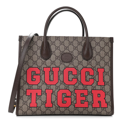 Gucci GG Supreme Monogram Textured Dollar Calfskin Web Gucci Tiger Small Retro Interlocking G Tote Bag Beige Ebony Live Red New Shamarock New Acero 1 of 8