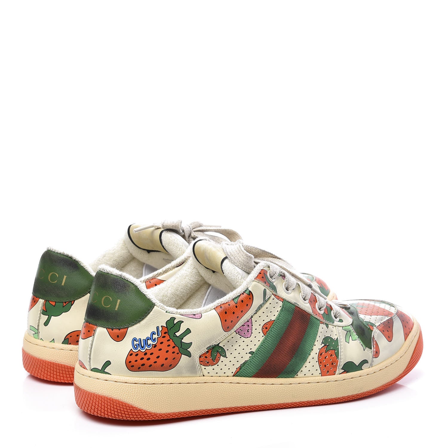 Gucci Nubuck Web Strawberry Print Womens Screener Sneakers 42 Dusty Milk White Vintage Green 4 of 10