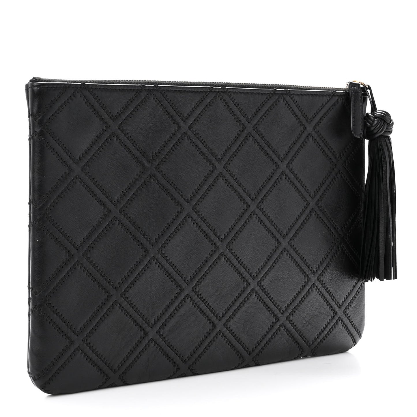 Lambskin Double Stitch Quilted Tassel Cosmetic Case Black