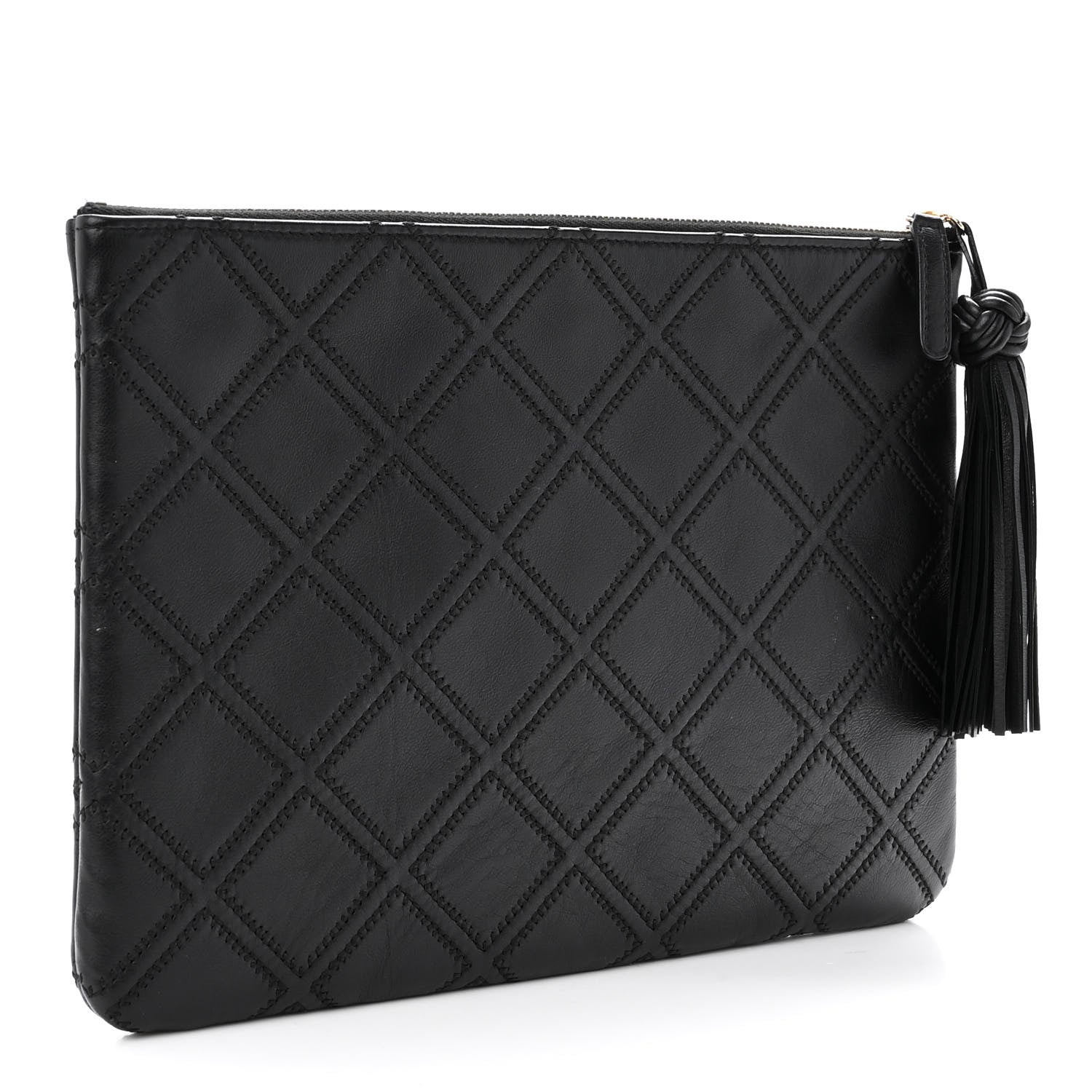 Chanel Lambskin Double Stitch Quilted Tassel Cosmetic Case Black 3 of 8