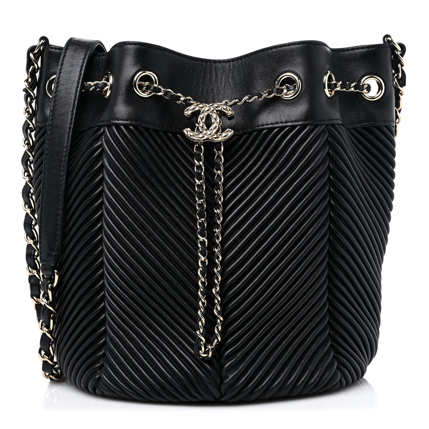 Lambskin Chevron Drawstring Bag Black