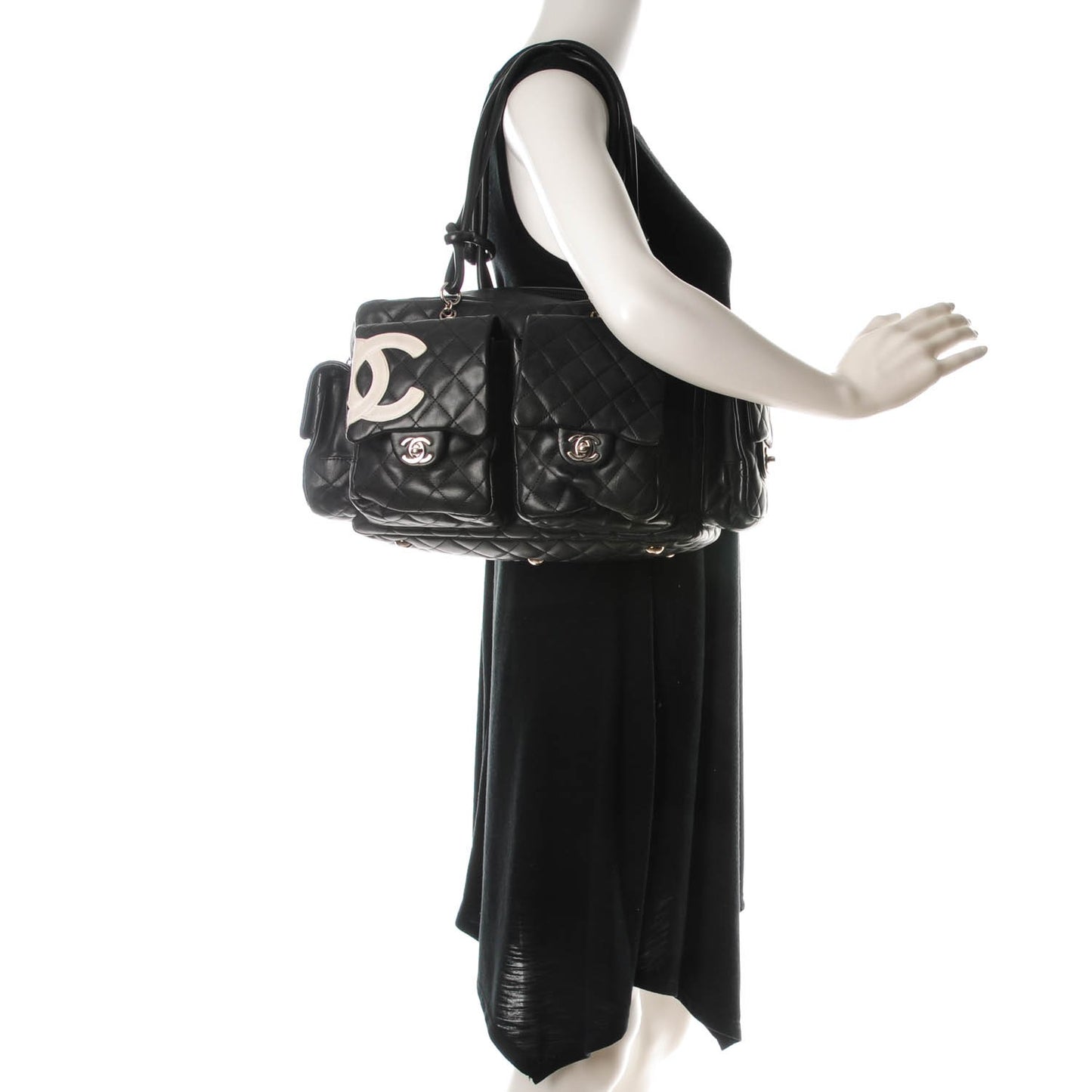 Calfskin Quilted Large Cambon Multipocket Reporter Black White