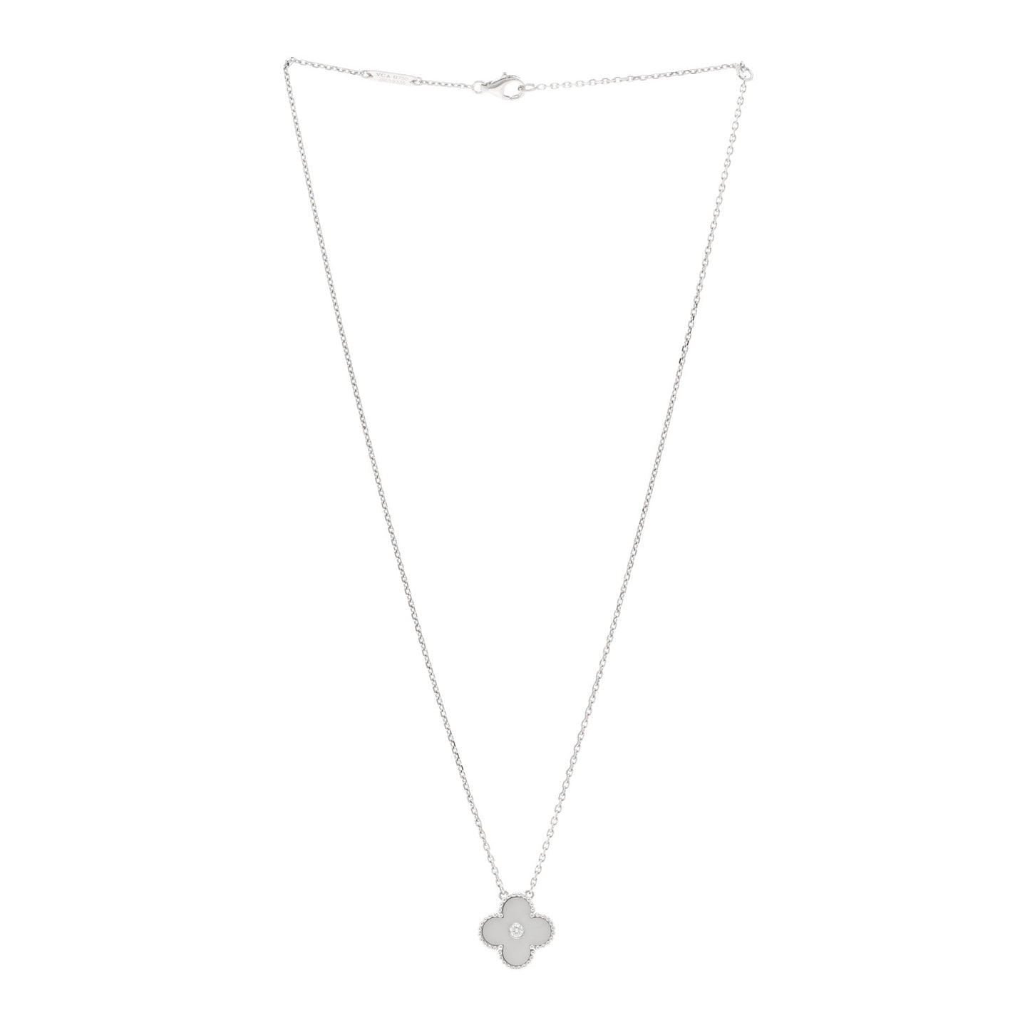18K White Gold Diamond Mother of Pearl Vintage Alhambra Pendant Necklace