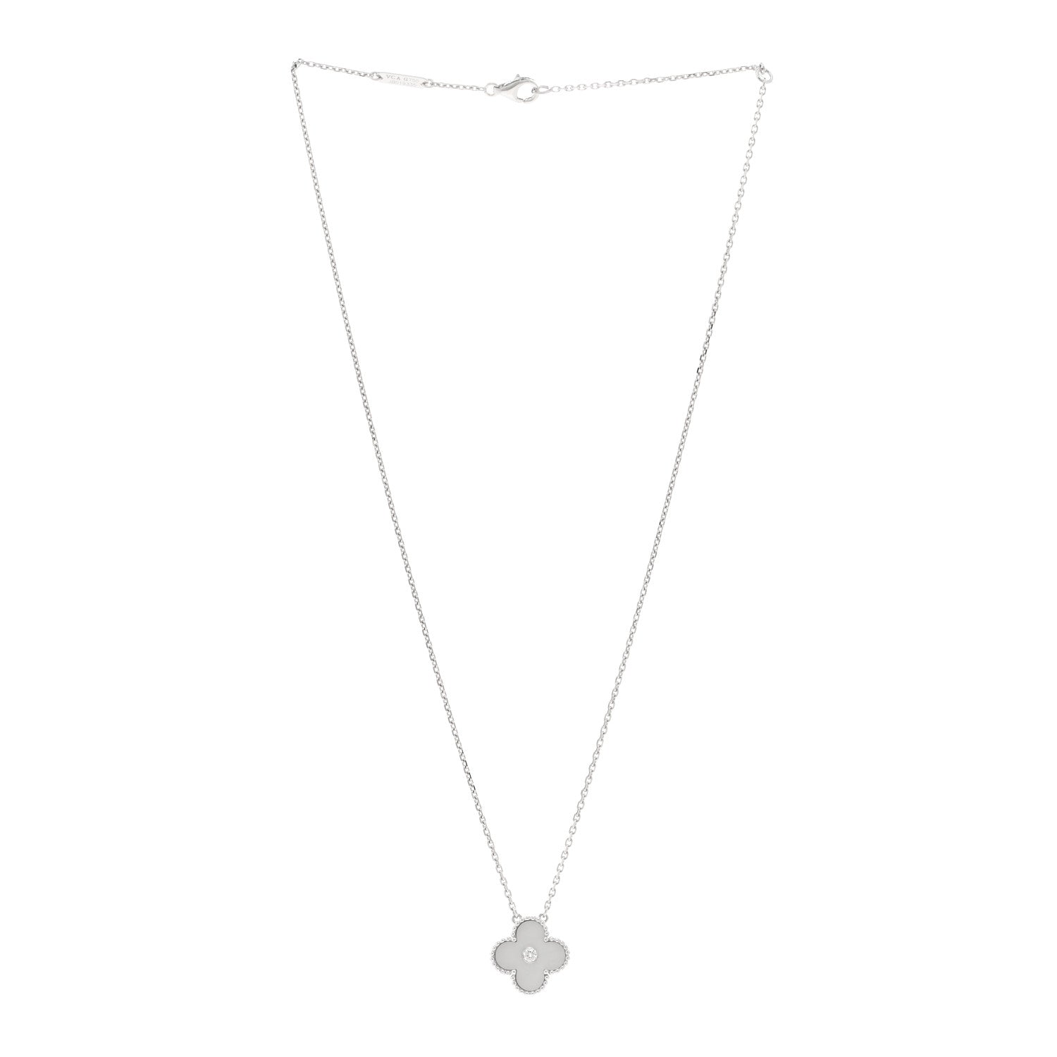 Van Cleef & Arpels 18K White Gold Diamond Mother of Pearl Vintage Alhambra Pendant Necklace 3 of 5