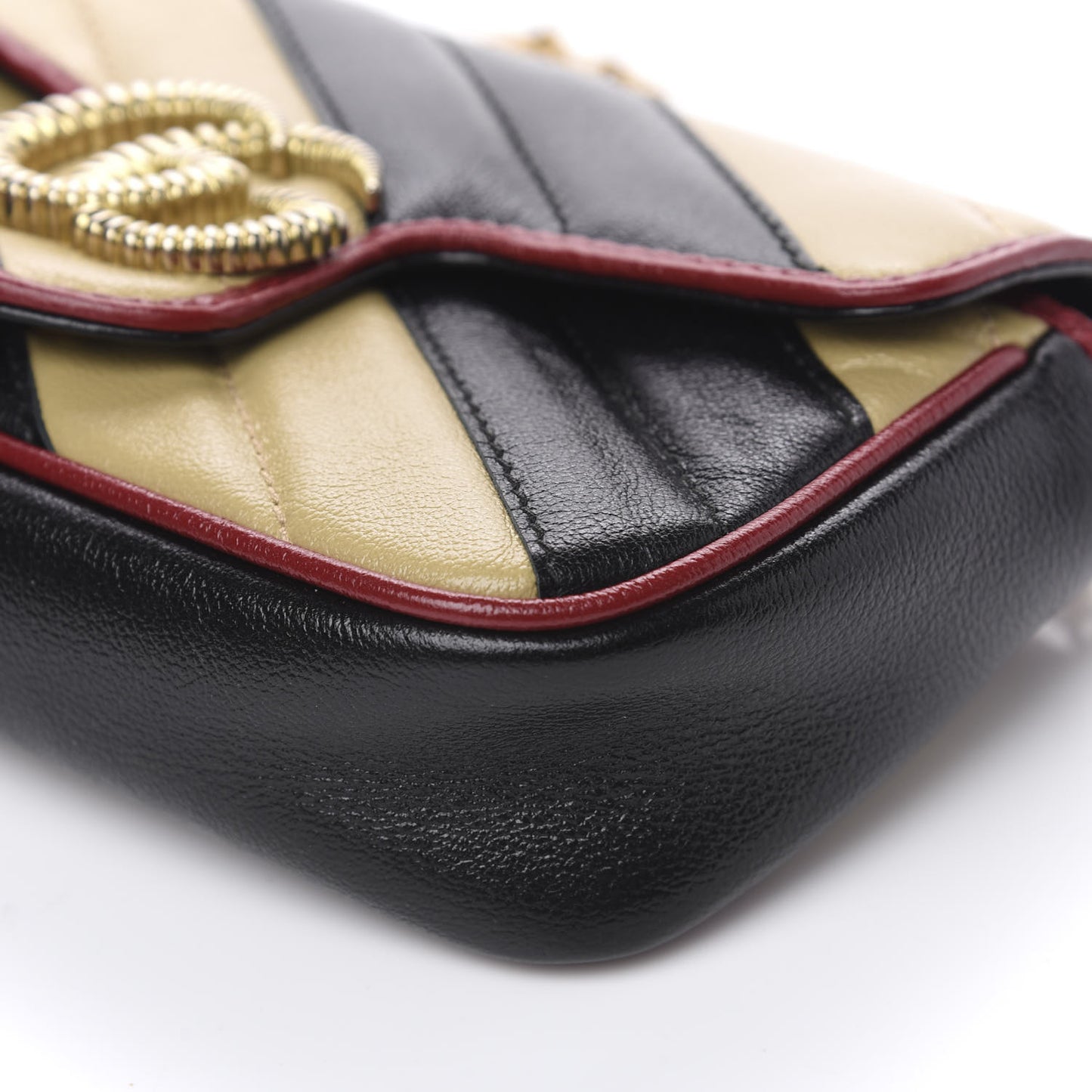 Vintage Effect Calfskin Matelasse Diagonal Striped Super Mini Torchon GG Marmont Shoulder Bag Black Beige