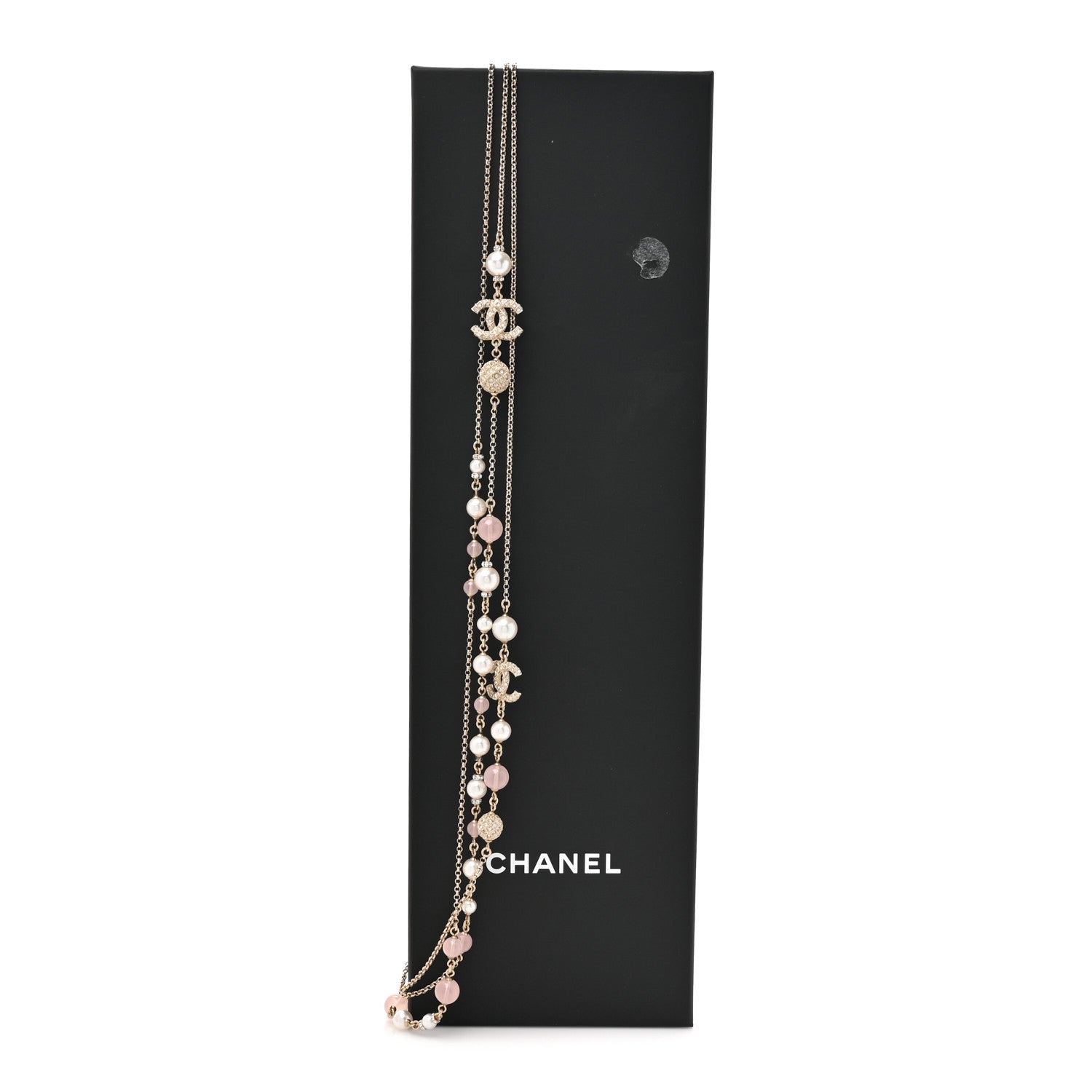 Chanel Pearl Crystal Resin CC Beaded Long Necklace Gold Pearly White Pink 5 of 5