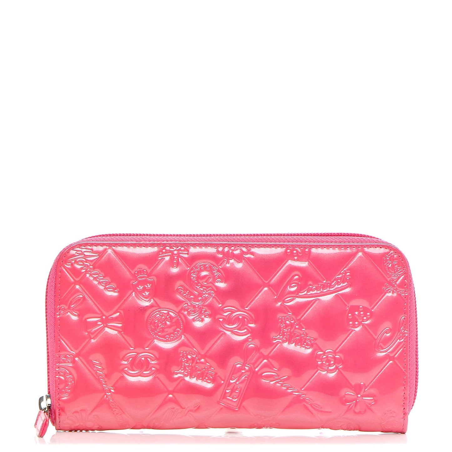 Patent Calfskin Lucky Symbols Zip Around Wallet Fuchsia