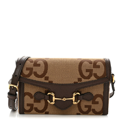 Gucci Monogram Jumbo GG Textured Dollar Calfskin Mini Horsebit 1955 Shoulder Bag Camel Ebony New Acero 1 of 13