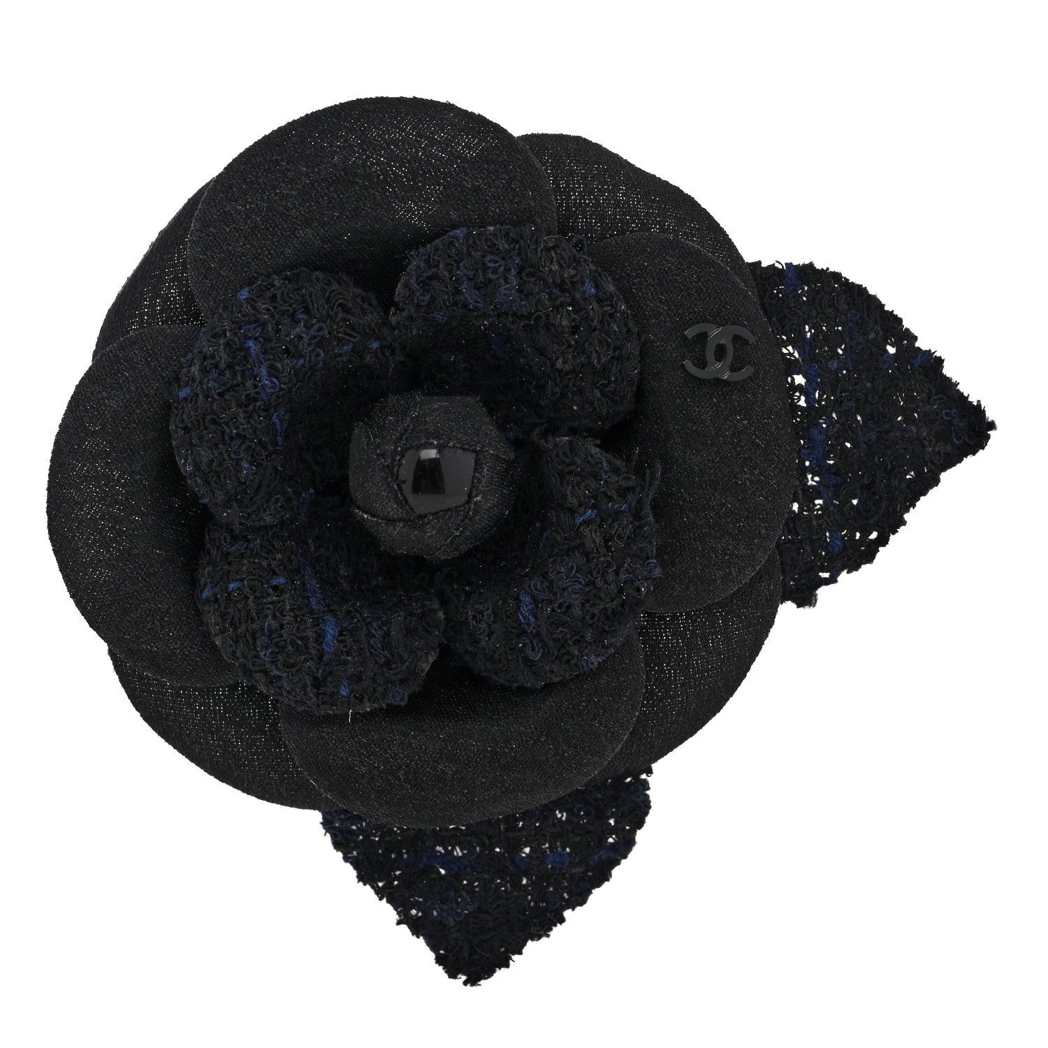Chanel Tweed Fabric Camellia Pin Brooch Black 1 of 3