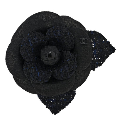 Chanel Tweed Fabric Camellia Pin Brooch Black 1 of 3