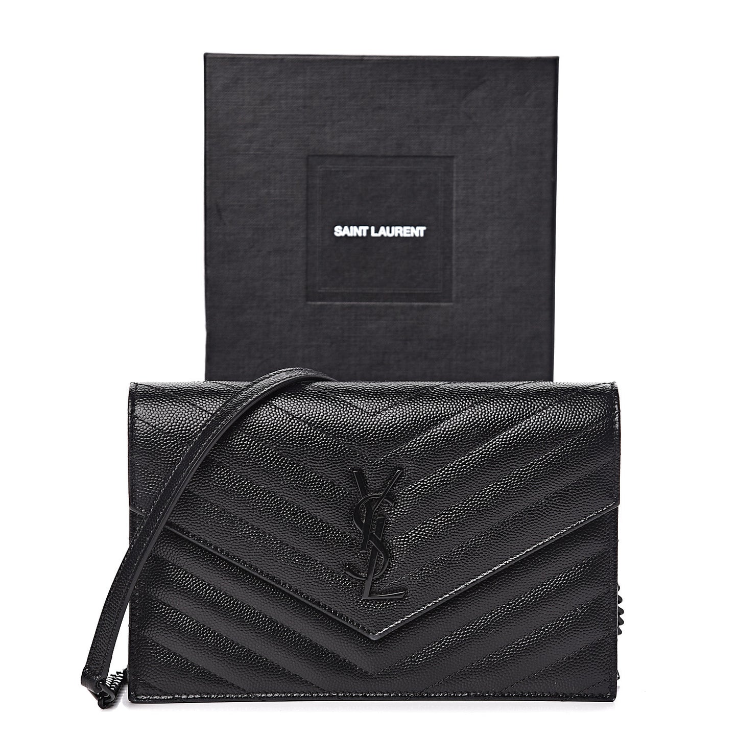 Grain De Poudre Matelasse Chevron Monogram Envelope Chain Wallet Black