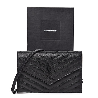 Saint Laurent Grain De Poudre Matelasse Chevron Monogram Envelope Chain Wallet Black 16 of 16