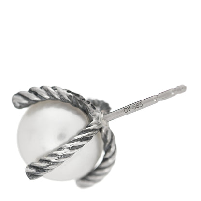 David Yurman Sterling Silver Diamond Pearl 10mm Cable Stud Earrings 4 of 4