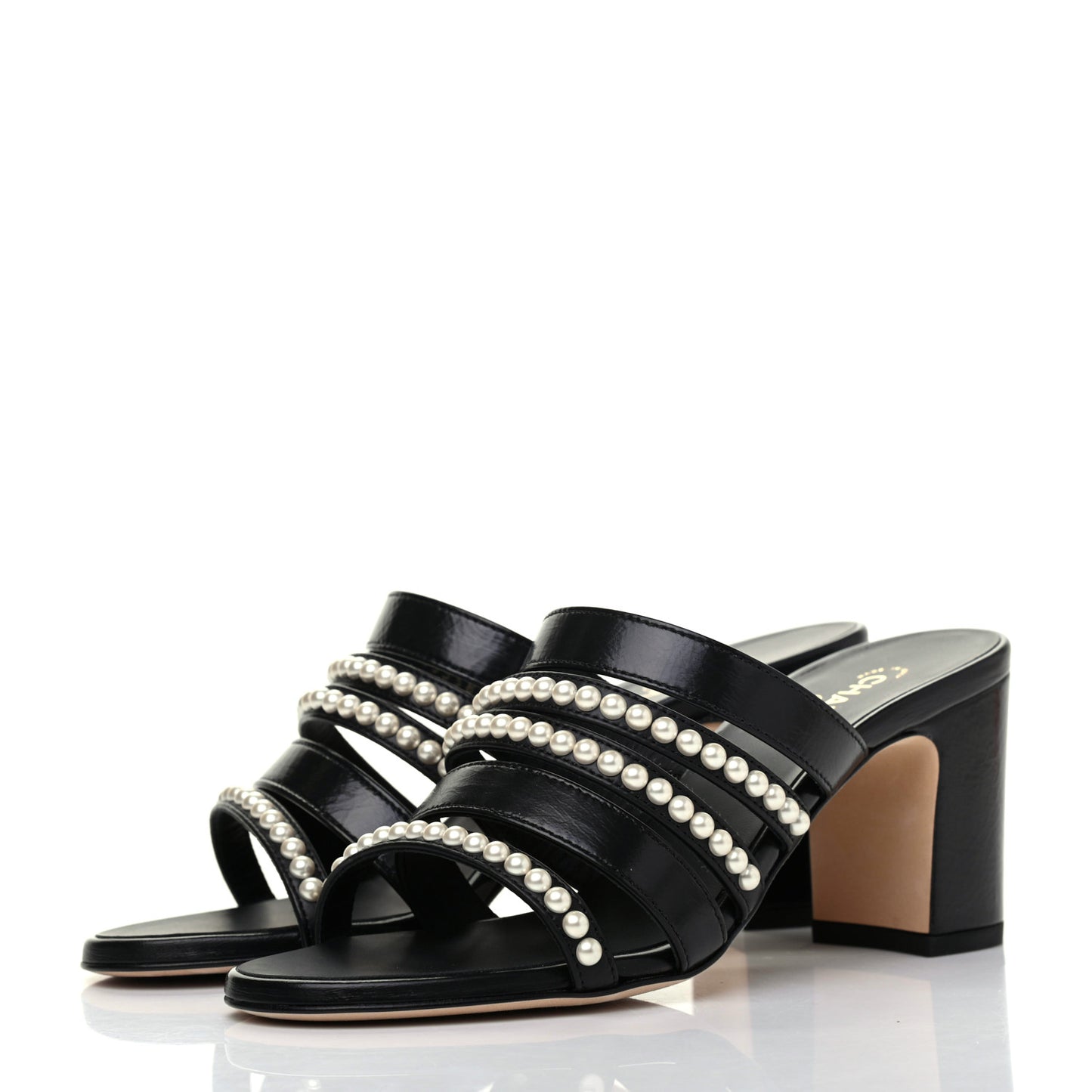 Laminated Lambskin CC Pearl Mules 36 Black