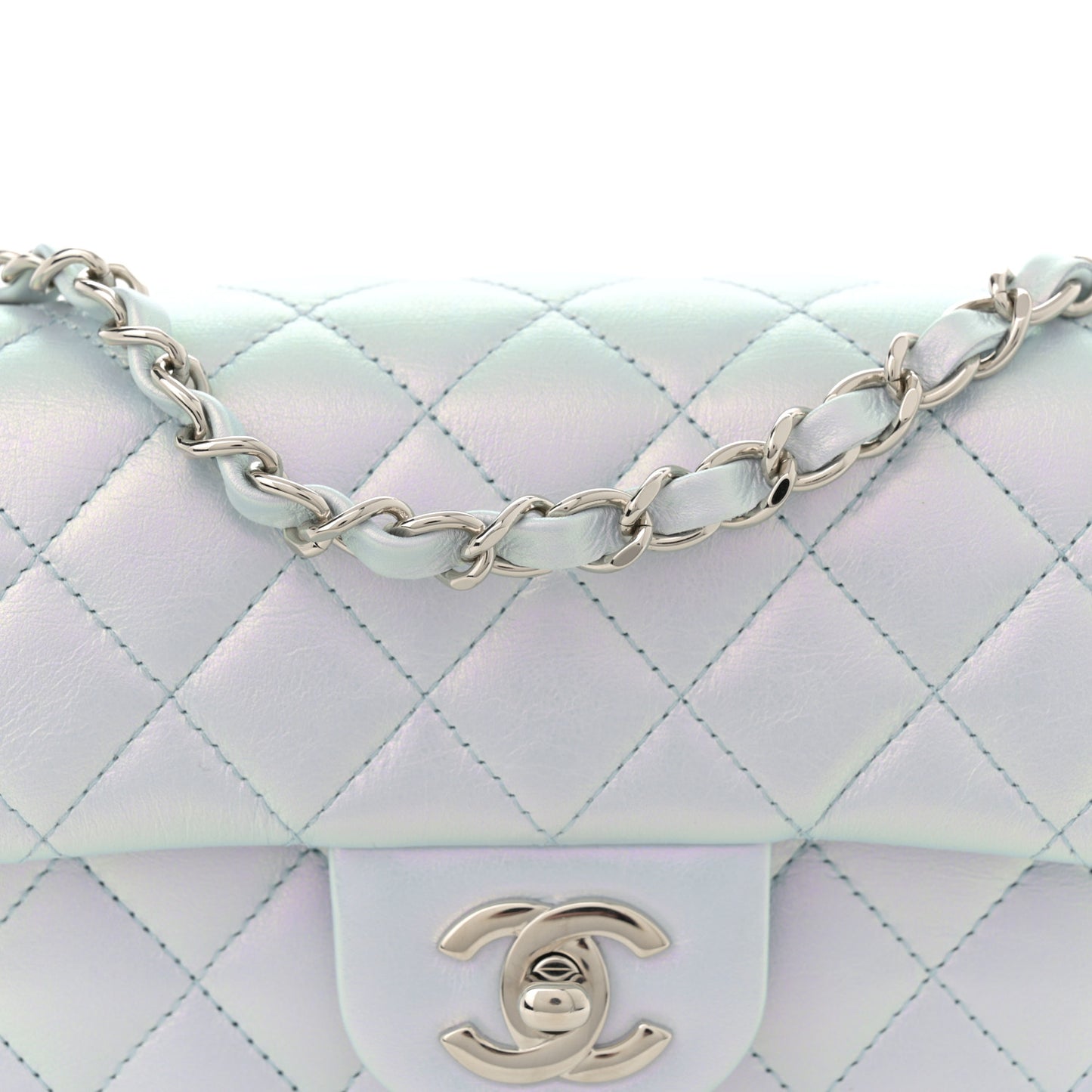 Iridescent Calfskin Quilted Mini Rectangular Flap Light Blue