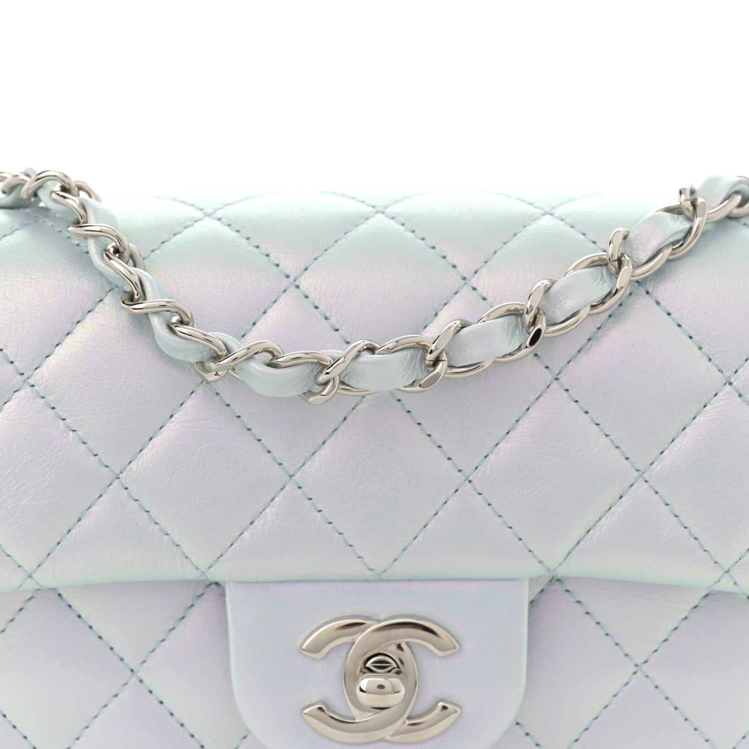 Chanel Iridescent Calfskin Quilted Mini Rectangular Flap Light Blue 8 of 11
