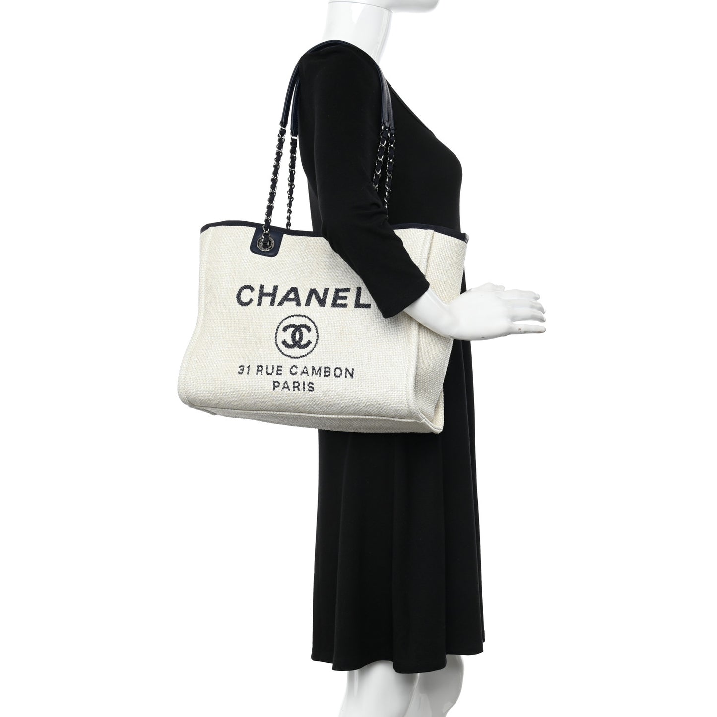 Woven Straw Raffia Small Deauville Tote White Navy