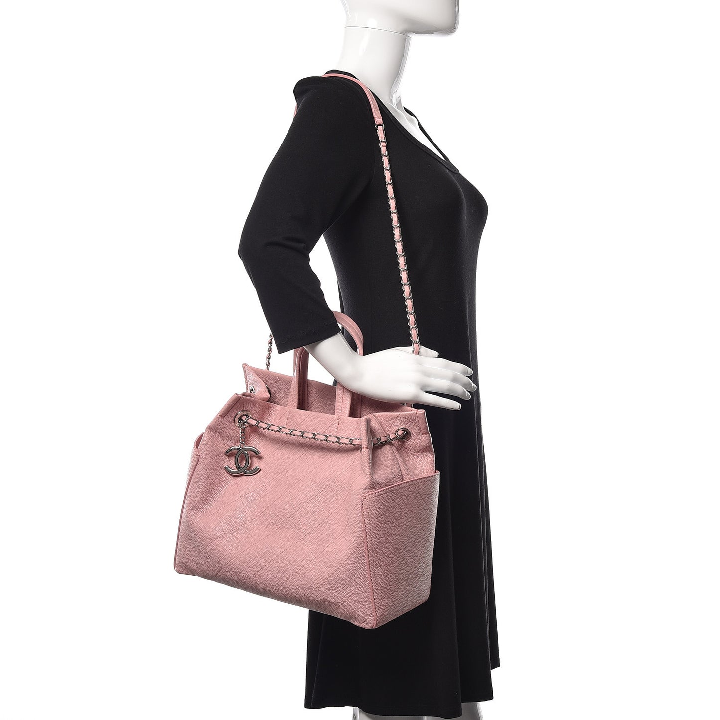 Grained Calfskin Small CC Pocket Tote Pink