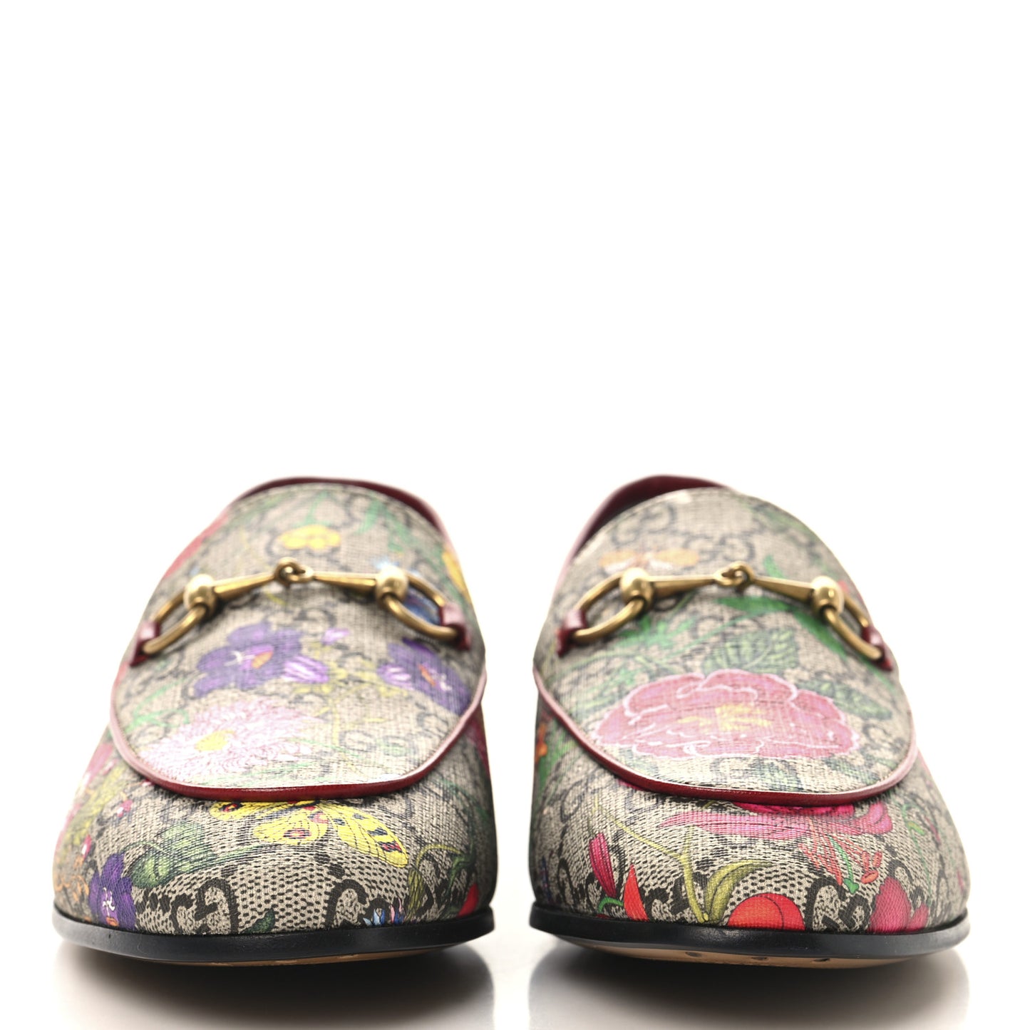 Canvas GG Monogram Flora Horsebit Womens Jordaan Loafers 39 Beige Ebony Multicolor Rosso