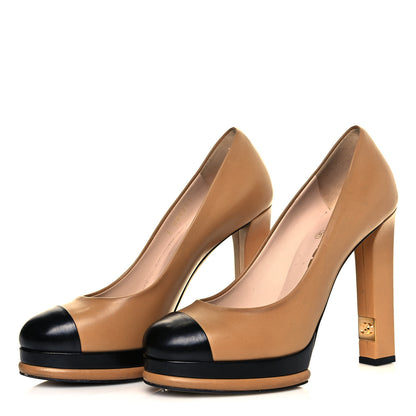 Chanel Lambskin Platform Cap Toe Pumps 38 Beige Black 3 of 8
