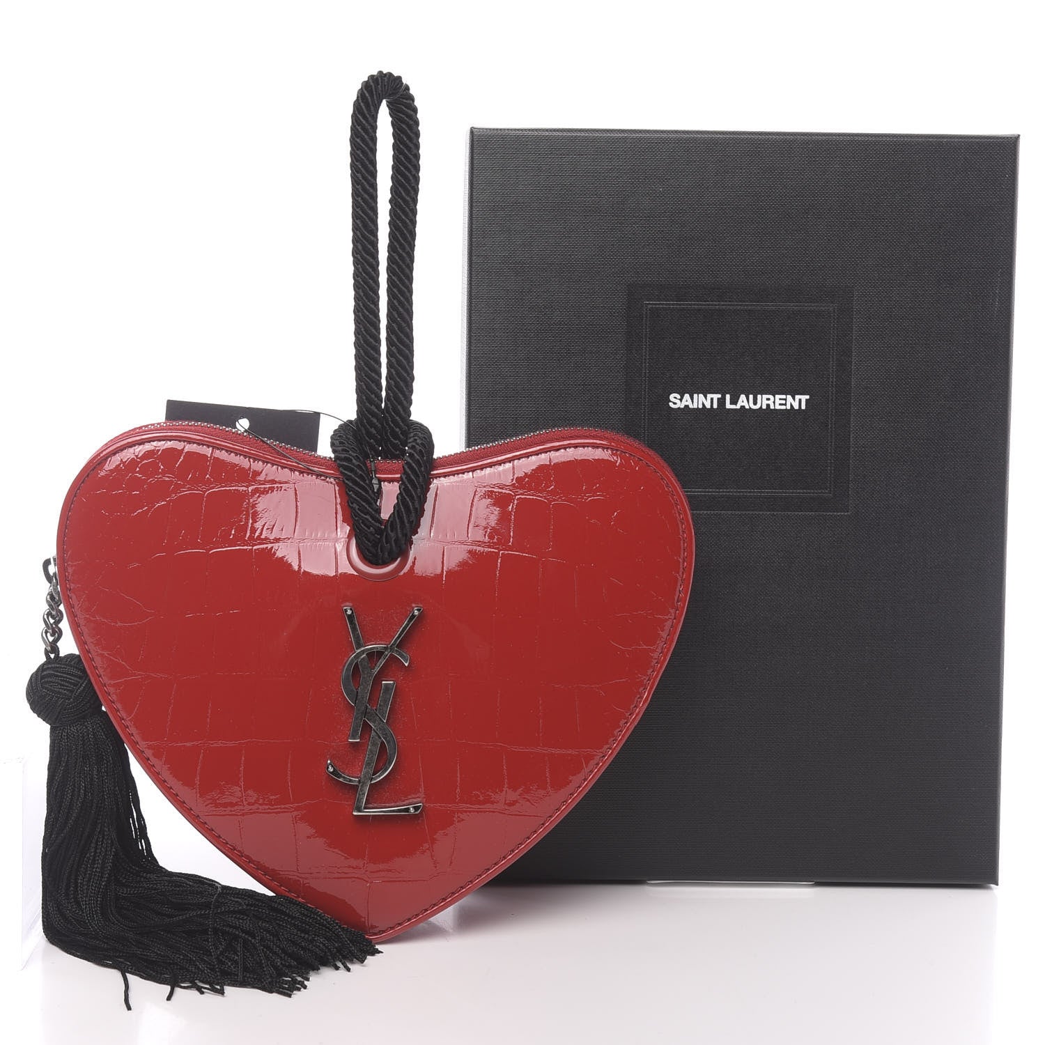 Saint Laurent Patent Crocodile Embossed Sac Coeur Heart Shaped Clutch Red 10 of 10