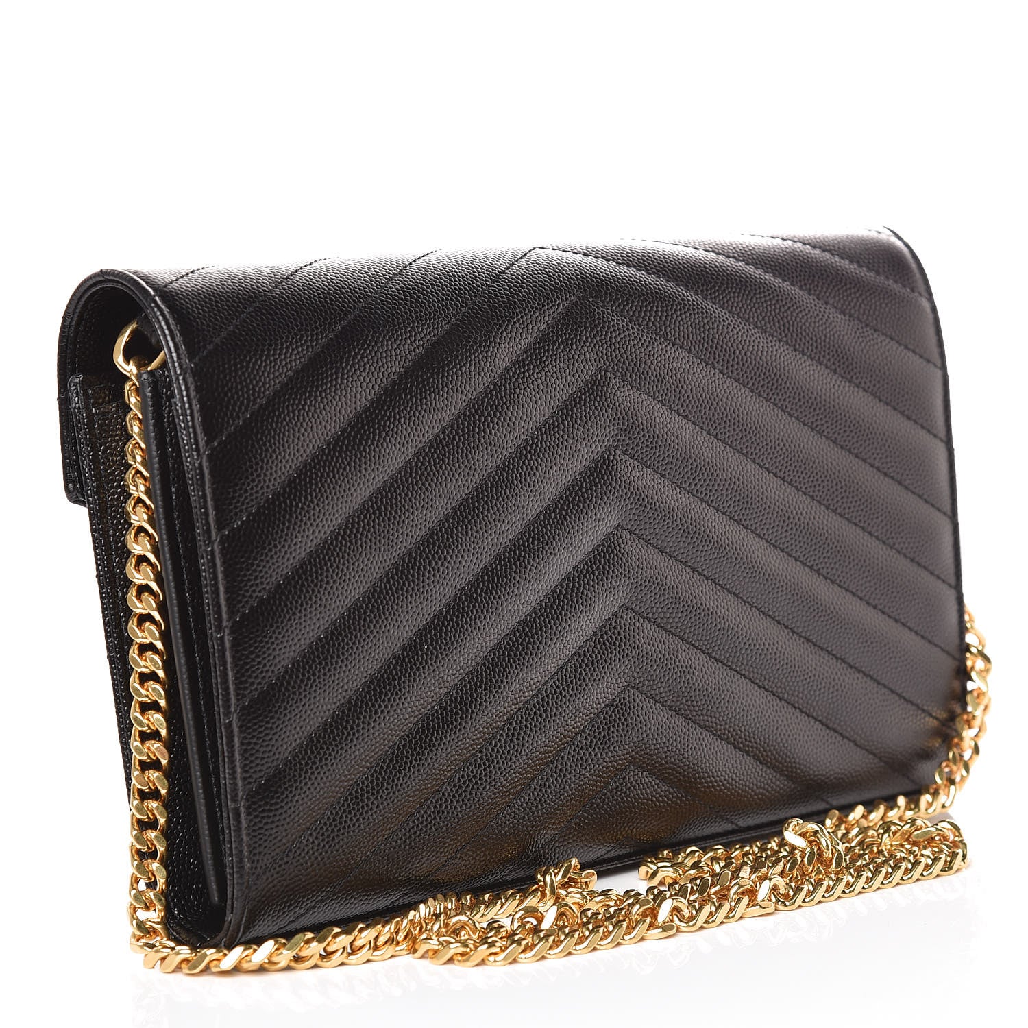 Saint Laurent Grain De Poudre Matelasse Chevron Monogram Chain Wallet Black 3 of 8