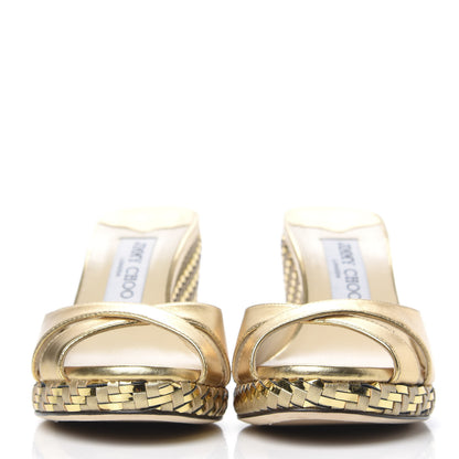 Jimmy Choo Metallic Nappa Woven Almer 80 Wedge Sandals 38 Gold 2 of 8