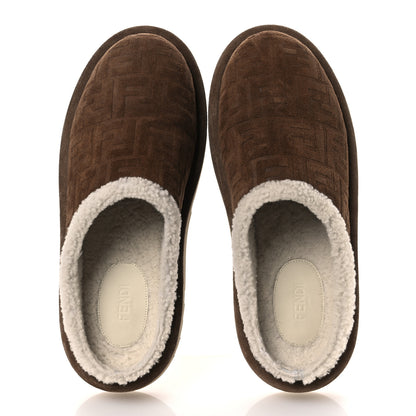 Fendi Suede Shearling FF Embossed Mens Sabot Mules 39 Brown 2 of 12