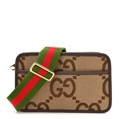 Gucci Monogram Jumbo GG Textured Dollar Calfskin Web Mini Crossbody Bag Camel Ebony New Acero 1 of 10