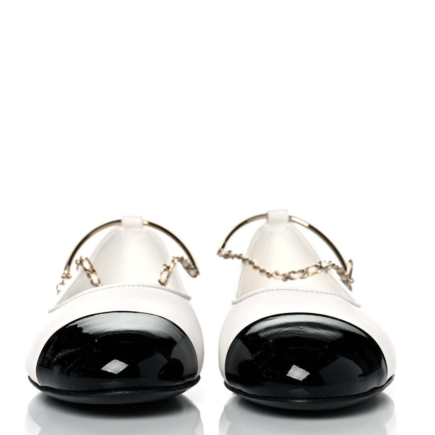 Lambskin Patent Calfskin Cap Toe Ankle Chain Ballerina Flats 37.5 White Black